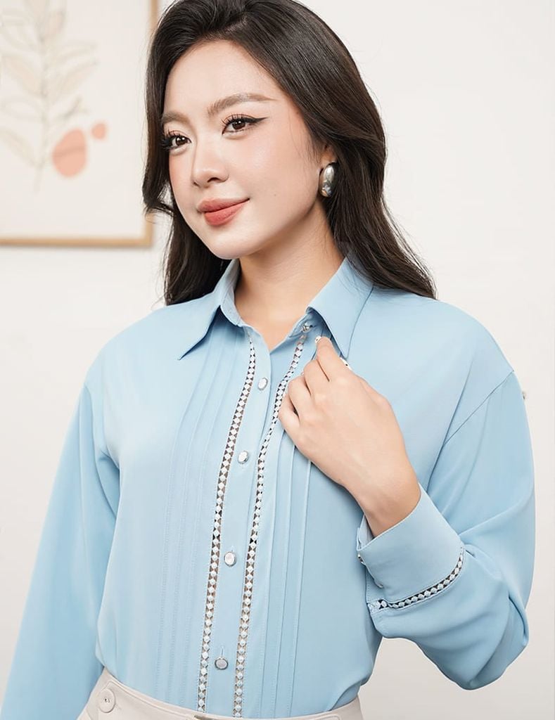 Áo sơ mi nữ dài tay trễ vai nẹp can ruy băng ren