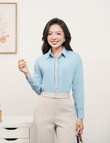 Áo sơ mi nữ dài tay trễ vai nẹp can ruy băng ren
