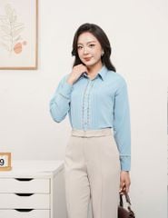 Áo sơ mi nữ dài tay trễ vai nẹp can ruy băng ren
