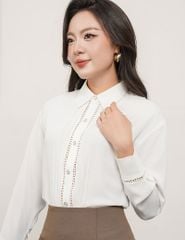 Áo sơ mi nữ dài tay trễ vai nẹp can ruy băng ren