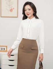 Áo sơ mi nữ dài tay trễ vai nẹp can ruy băng ren