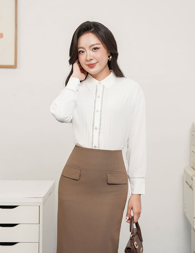 Áo sơ mi nữ dài tay trễ vai nẹp can ruy băng ren
