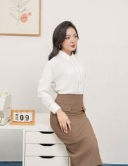 Áo sơ mi nữ dài tay trễ vai nẹp can ruy băng ren