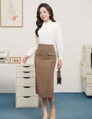 Áo sơ mi nữ dài tay trễ vai nẹp can ruy băng ren