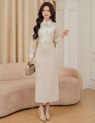 Áo sơ mi dài tay nữ in loang phối áo hai dây trắng