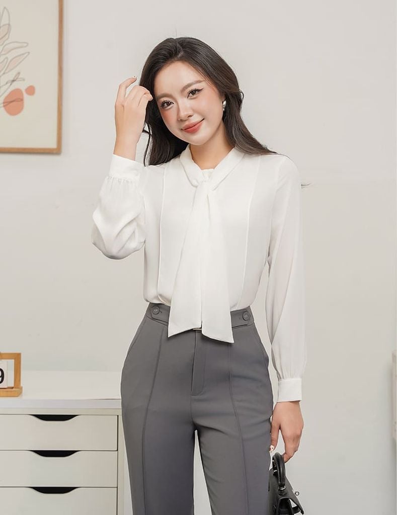 Áo sơ mi nữ dài tay cổ nơ liền đai trang trí