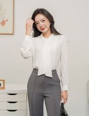 Áo sơ mi nữ dài tay cổ nơ liền đai trang trí