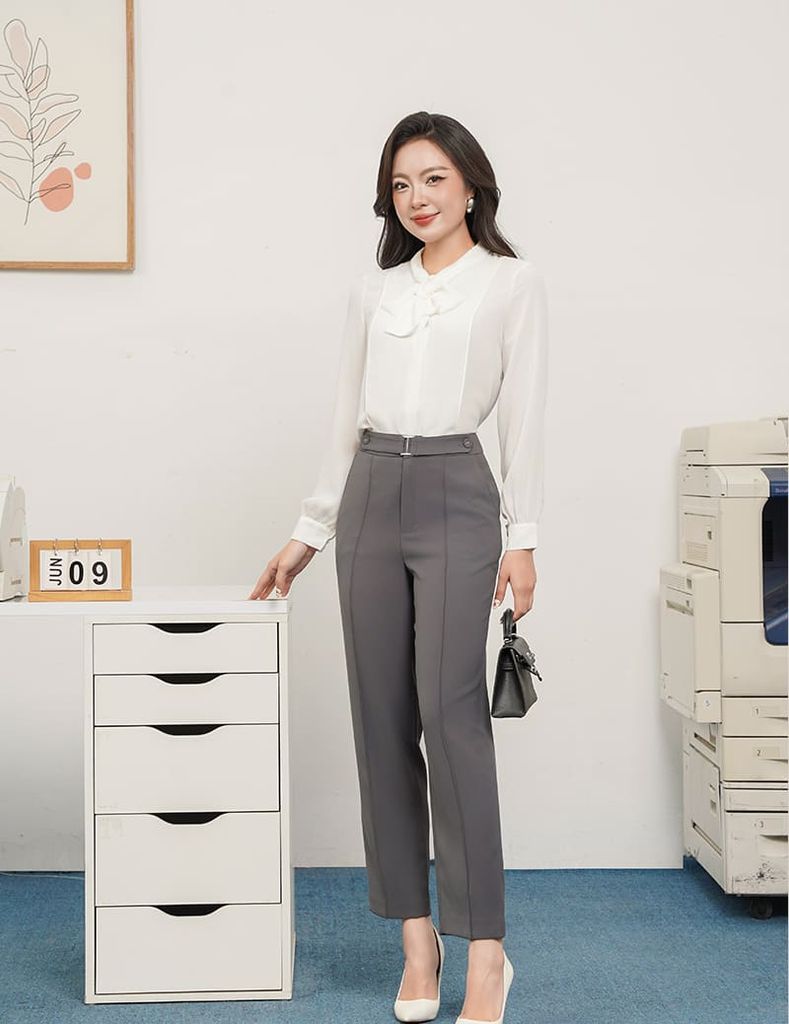 Áo sơ mi nữ dài tay cổ nơ liền đai trang trí