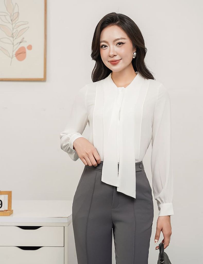 Áo sơ mi nữ dài tay cổ nơ liền đai trang trí