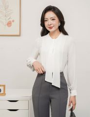 Áo sơ mi nữ dài tay cổ nơ liền đai trang trí