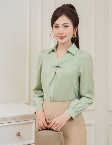 Áo sơ mi dài tay nữ cổ đức vặn xoắn giữa ngực