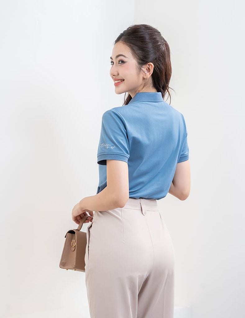 Áo polo nữ mắt chim nẹp cổ in thêu tay