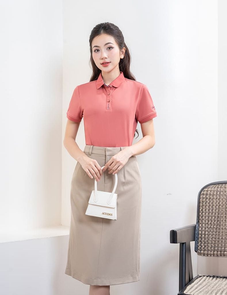 Áo polo nữ mắt chim nẹp cổ in thêu tay