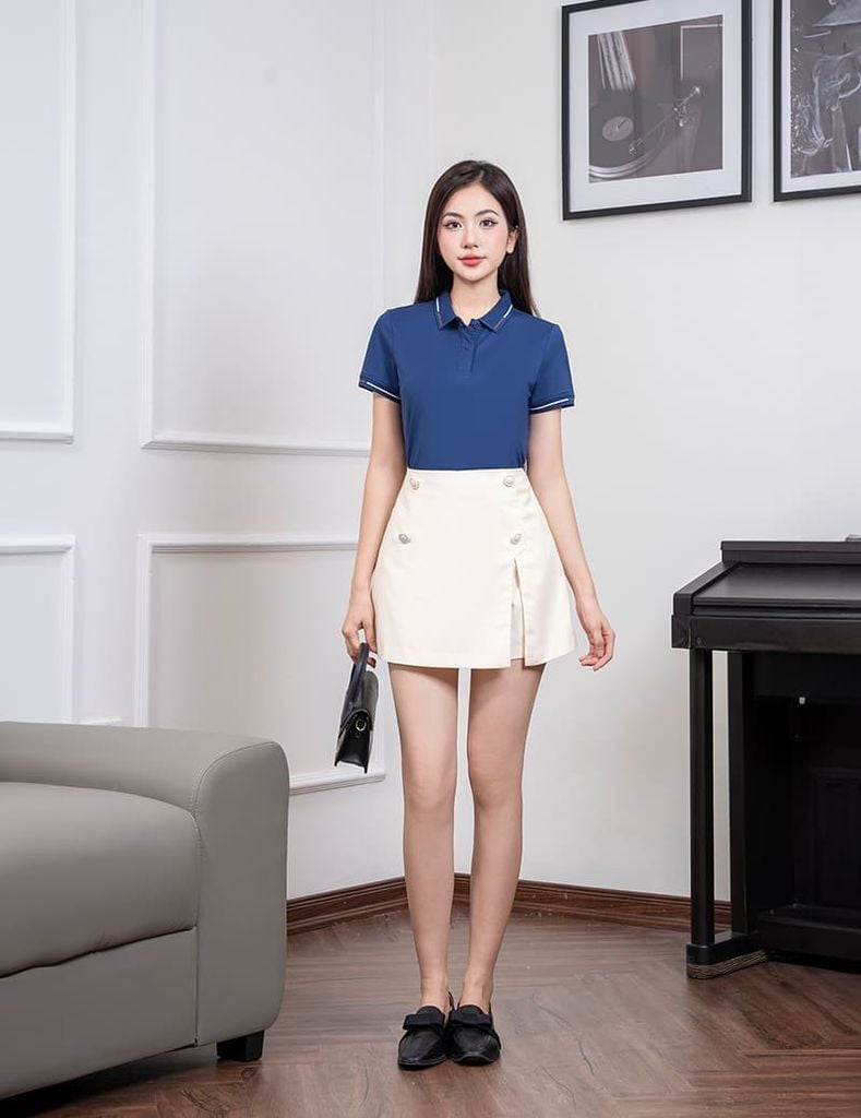 Áo polo nữ mắt chim cổ dệt jacquard thêu tay