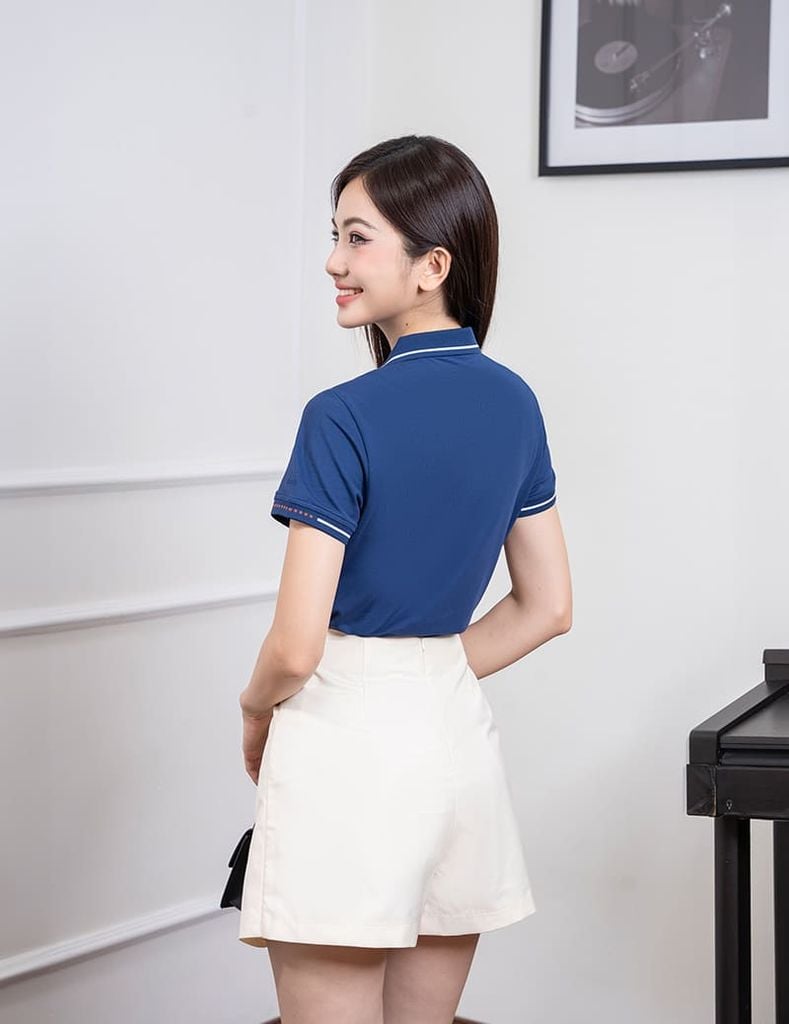 Áo polo nữ mắt chim cổ dệt jacquard thêu tay