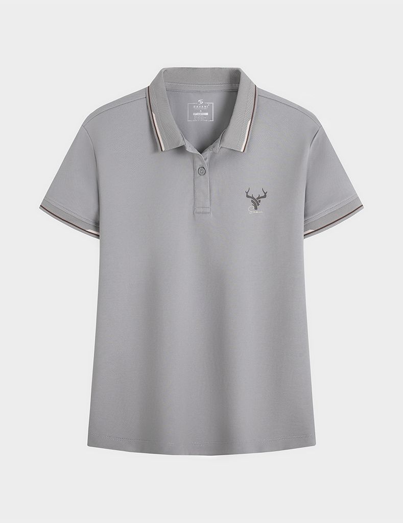 Áo polo nữ mắt chim line bo hình in trước ngực