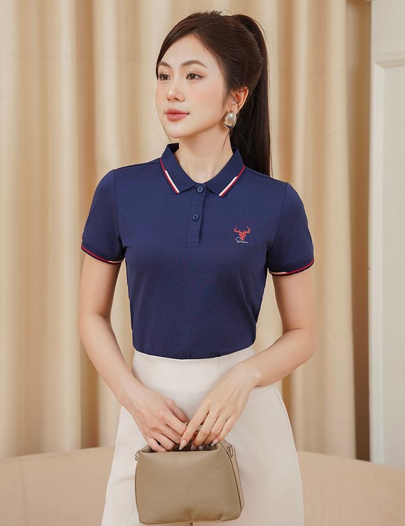 Áo polo nữ mắt chim line bo hình in trước ngực