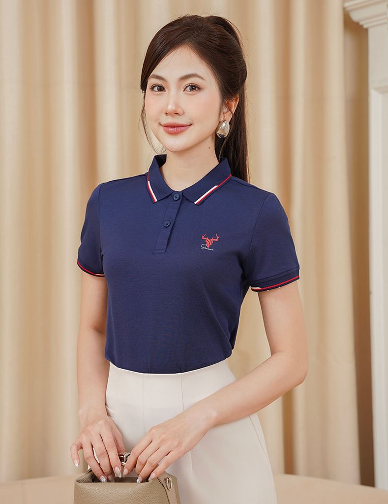 Áo polo nữ mắt chim line bo hình in trước ngực