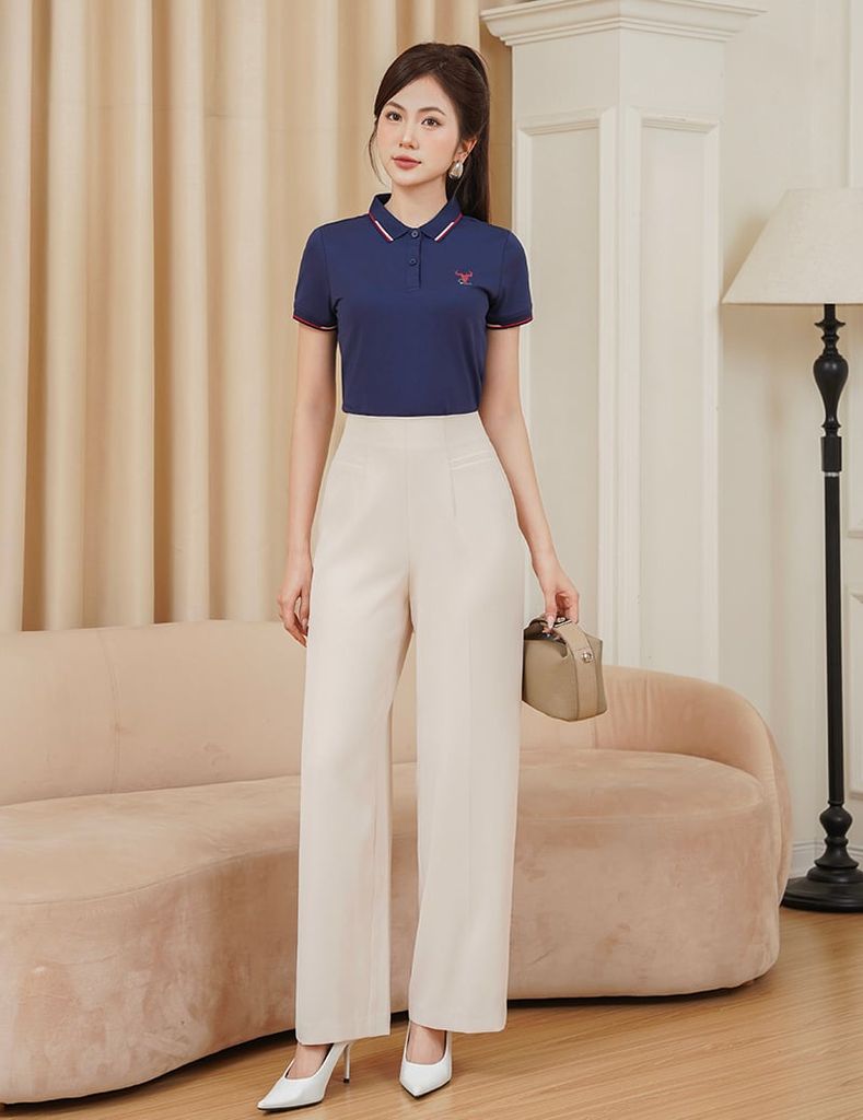 Áo polo nữ mắt chim line bo hình in trước ngực