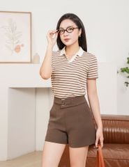Áo polo nữ ngắn tay kẻ trang nẹp trụ V bo dệt thêu logo