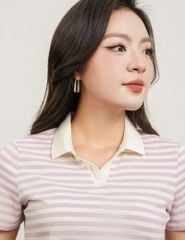 Áo polo nữ ngắn tay kẻ trang nẹp trụ V bo dệt thêu logo