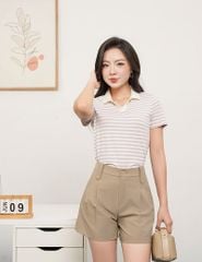 Áo polo nữ ngắn tay kẻ trang nẹp trụ V bo dệt thêu logo
