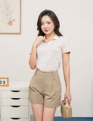 Áo polo nữ ngắn tay kẻ trang nẹp trụ V bo dệt thêu logo