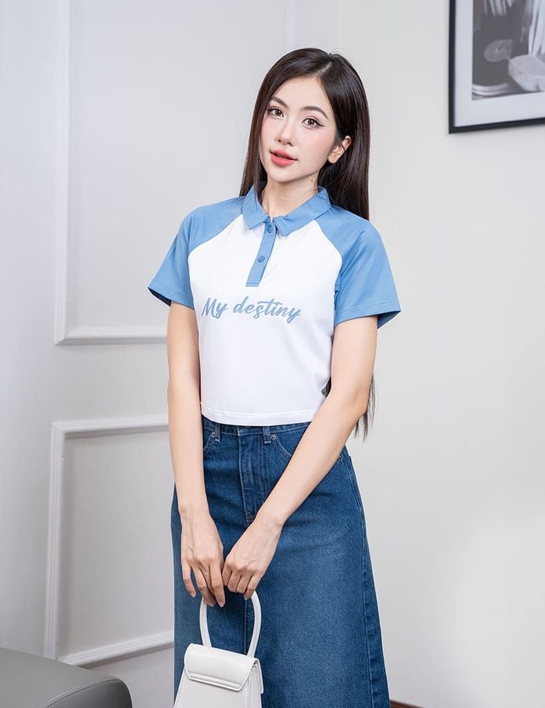 Áo polo nữ mắt chim cổ dệt tay raglan phối khác màu