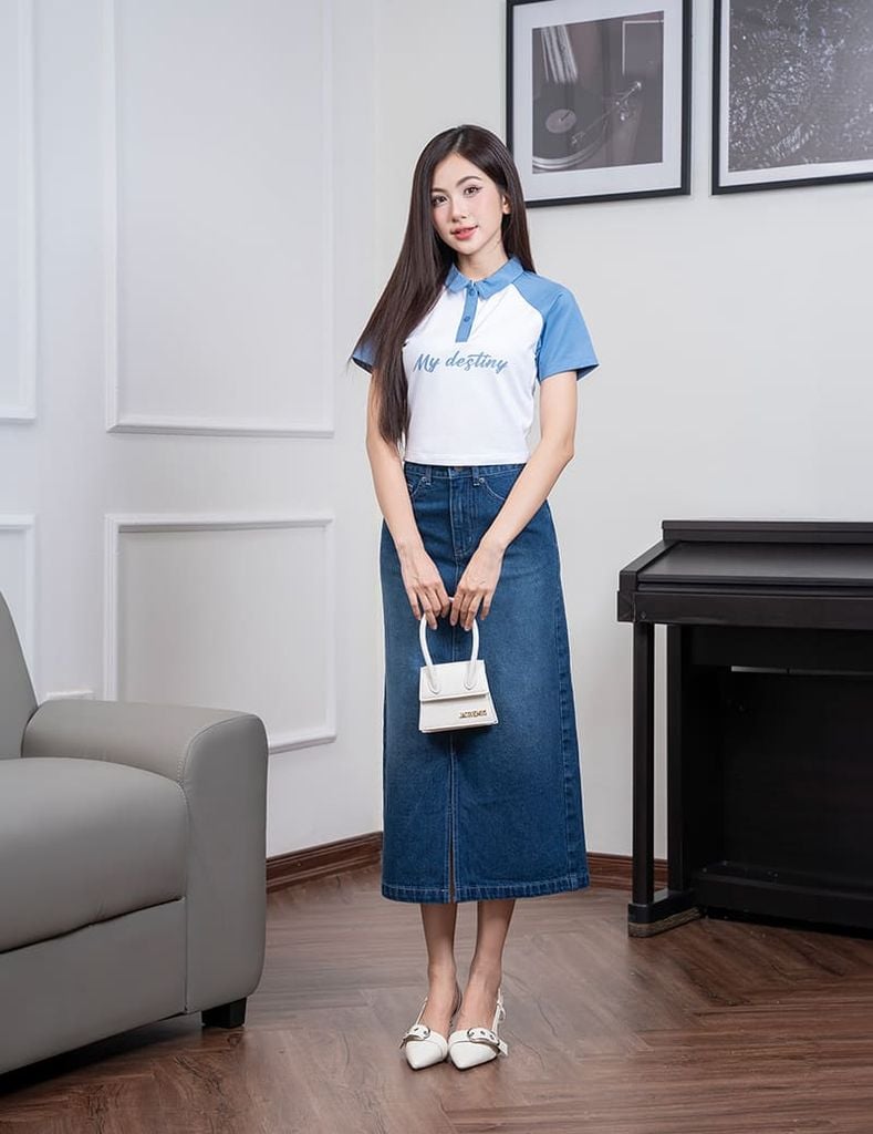 Áo polo nữ mắt chim cổ dệt tay raglan phối khác màu