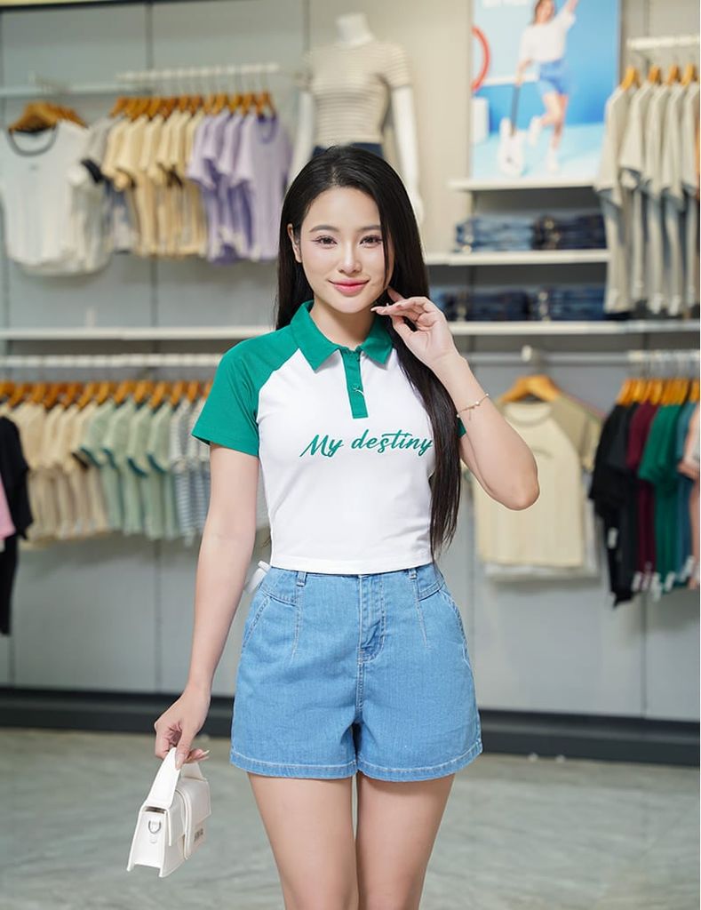 Áo polo nữ mắt chim cổ dệt tay raglan phối khác màu