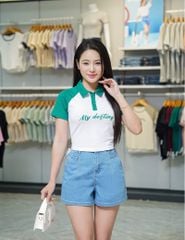 Áo polo nữ mắt chim cổ dệt tay raglan phối khác màu