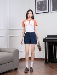 Áo polo nữ mắt chim cổ dệt tay raglan phối khác màu