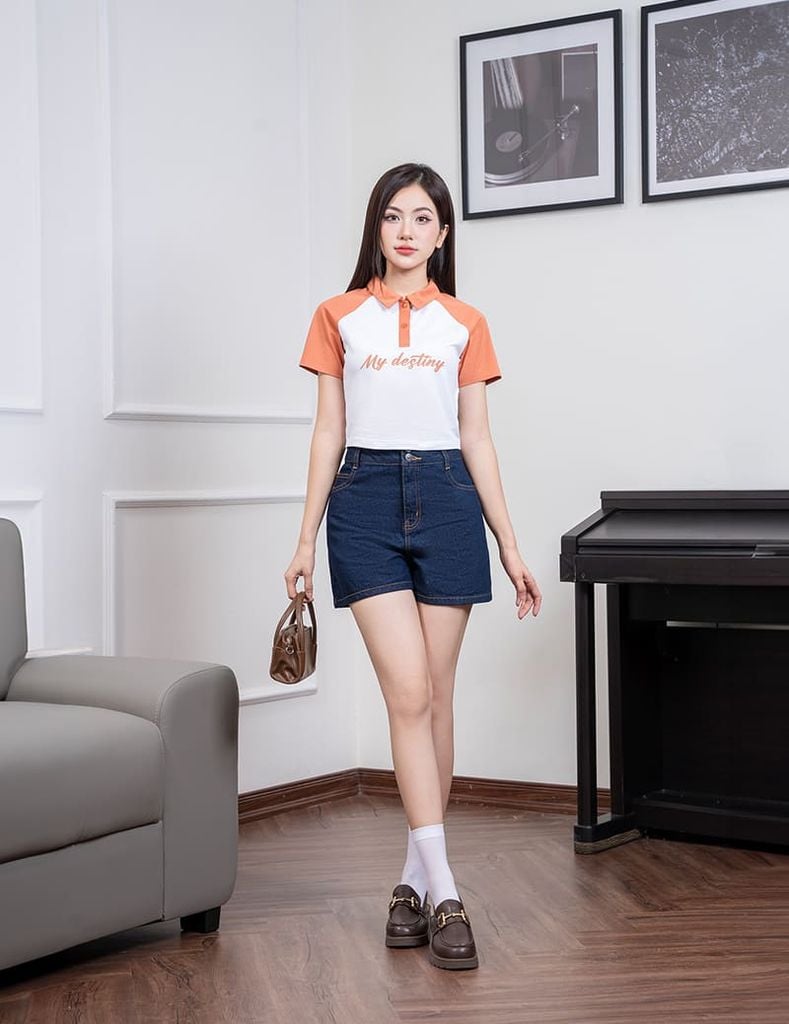 Áo polo nữ mắt chim cổ dệt tay raglan phối khác màu