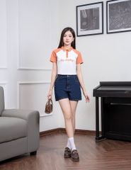 Áo polo nữ mắt chim cổ dệt tay raglan phối khác màu