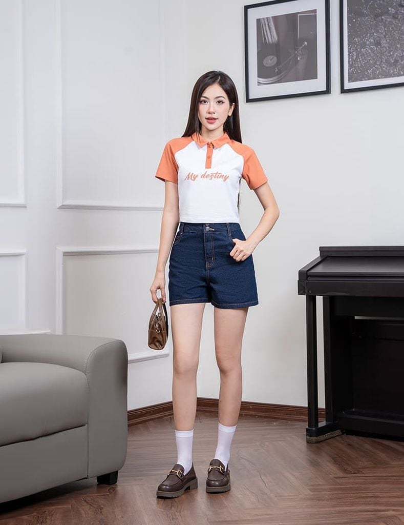 Áo polo nữ mắt chim cổ dệt tay raglan phối khác màu