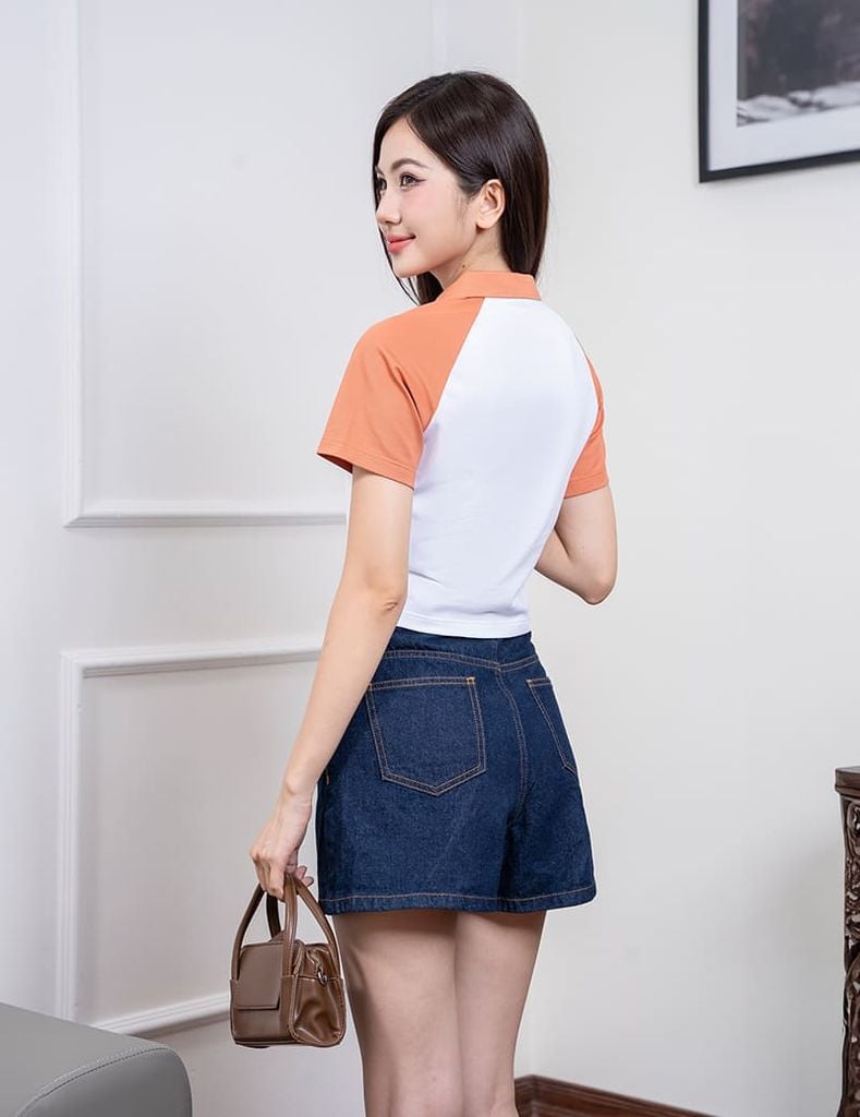 Áo polo nữ mắt chim cổ dệt tay raglan phối khác màu