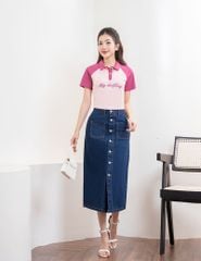Áo polo nữ mắt chim cổ dệt tay raglan phối khác màu