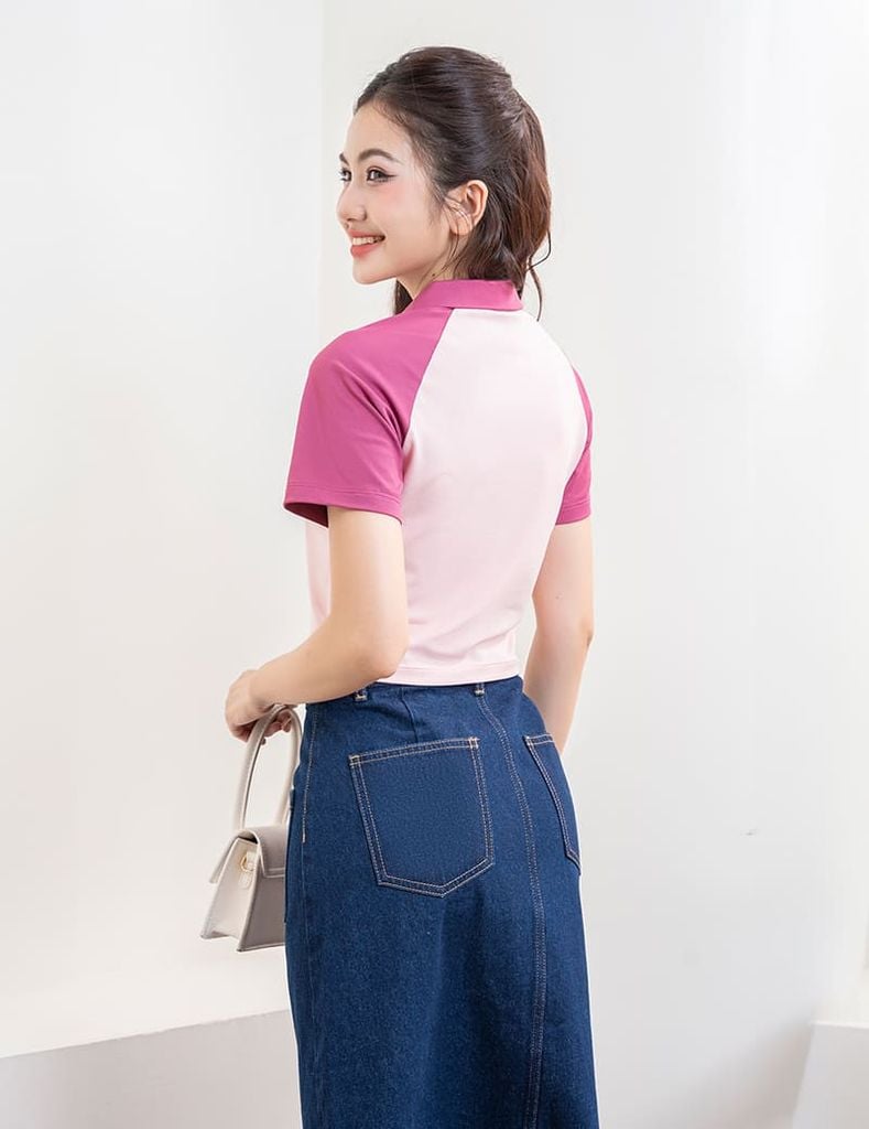 Áo polo nữ mắt chim cổ dệt tay raglan phối khác màu