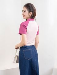Áo polo nữ mắt chim cổ dệt tay raglan phối khác màu