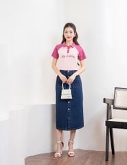 Áo polo nữ mắt chim cổ dệt tay raglan phối khác màu