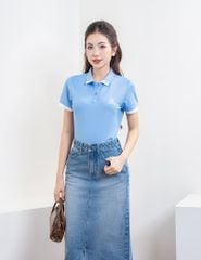 Áo polo ngắn tay nữ mắt chim cổ dệt in nhỏ ngực