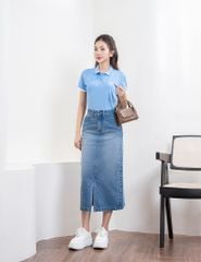 Áo polo ngắn tay nữ mắt chim cổ dệt in nhỏ ngực