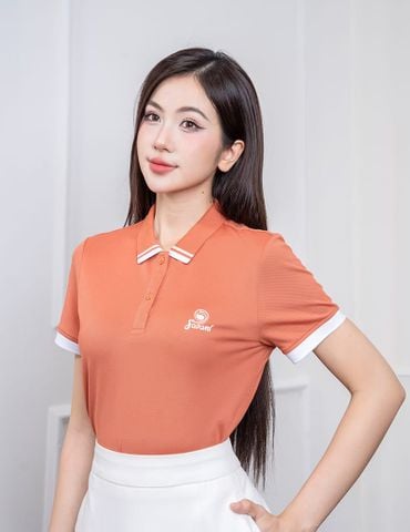 Áo polo ngắn tay nữ mắt chim cổ dệt in nhỏ ngực