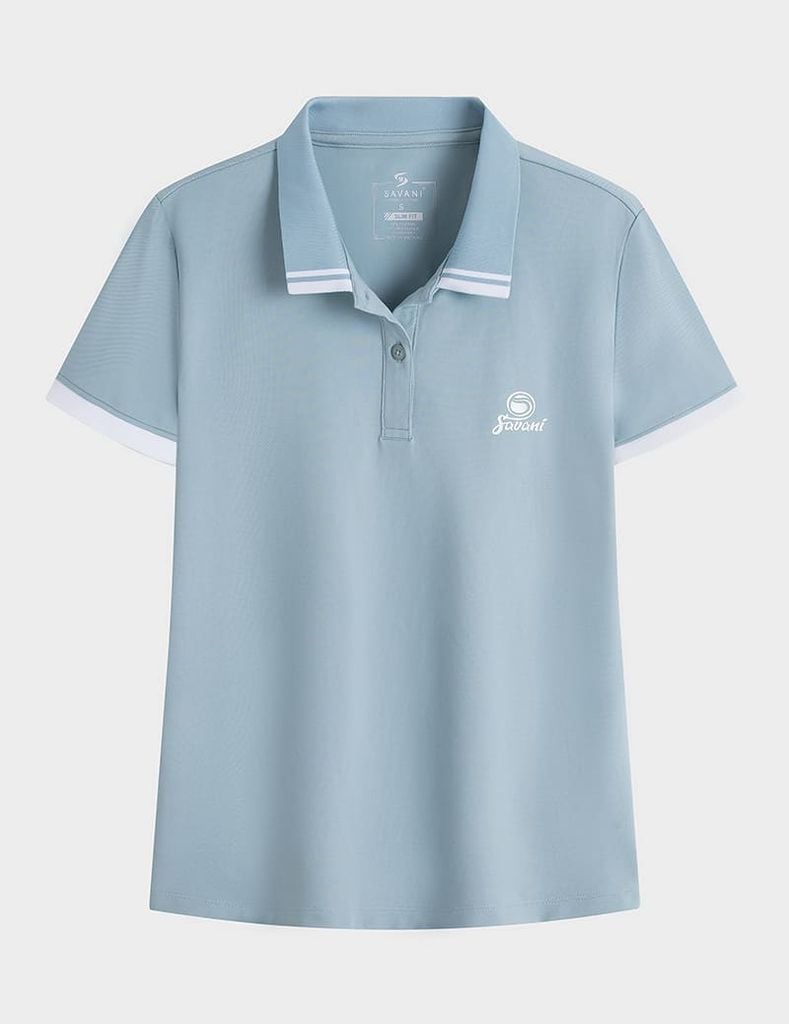Áo polo ngắn tay nữ mắt chim cổ dệt in nhỏ ngực