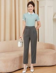 Áo polo nữ mắt chim cổ dệt trắng in ngực