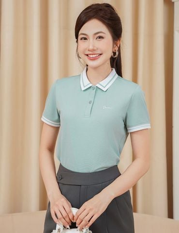 Áo polo nữ mắt chim cổ dệt trắng in ngực