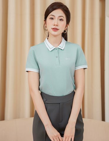 Áo polo nữ mắt chim cổ dệt trắng in ngực