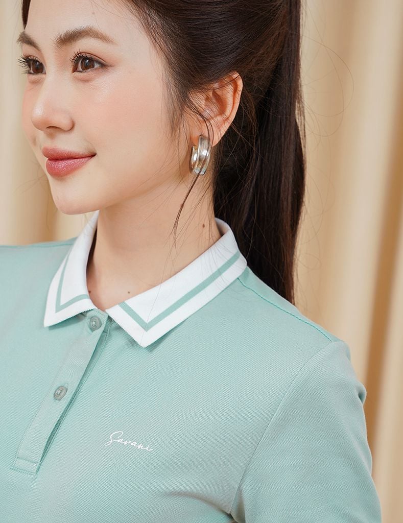 Áo polo nữ mắt chim cổ dệt trắng in ngực