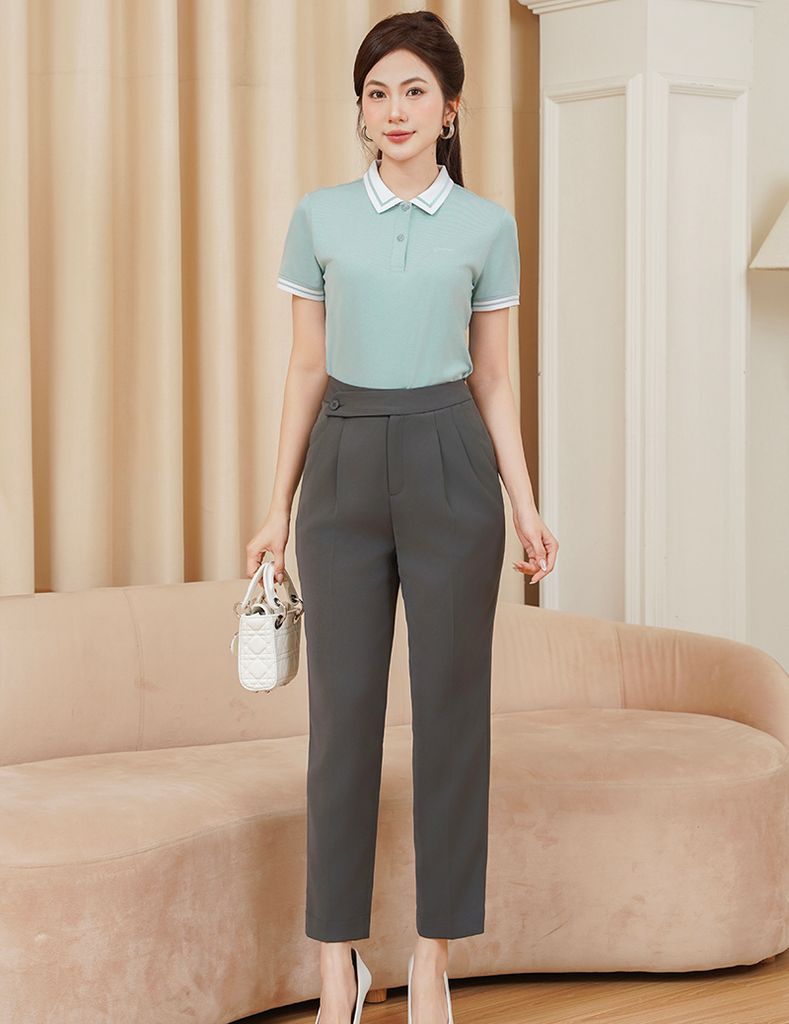 Áo polo nữ mắt chim cổ dệt trắng in ngực