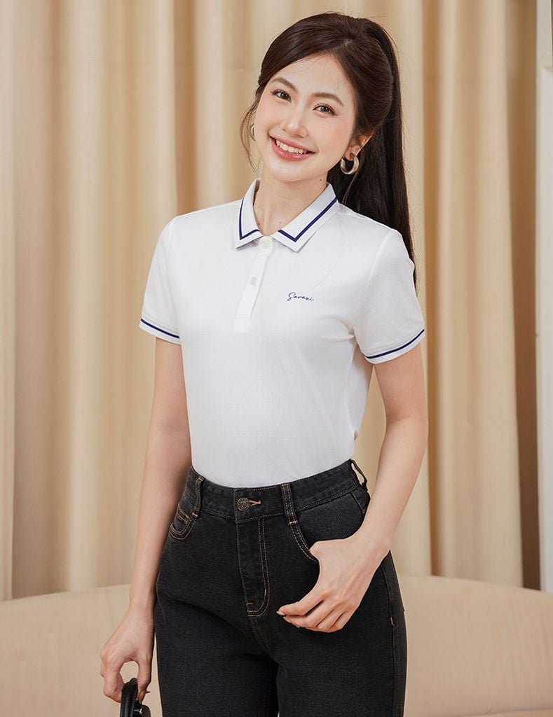 Áo polo nữ mắt chim cổ dệt trắng in ngực